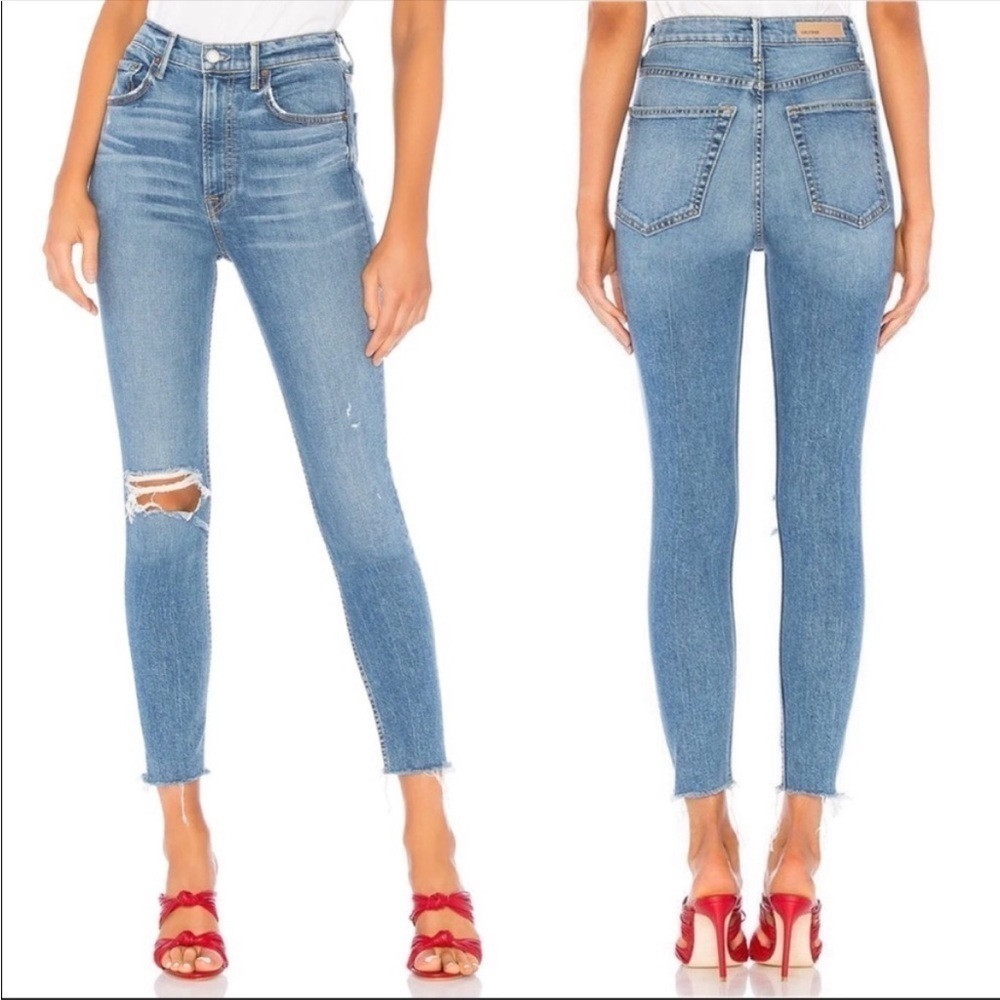 GRLFRND Kendall Stretch Blown Out Knee High Rise Raw Hem Jeans in Amelia Wash 27